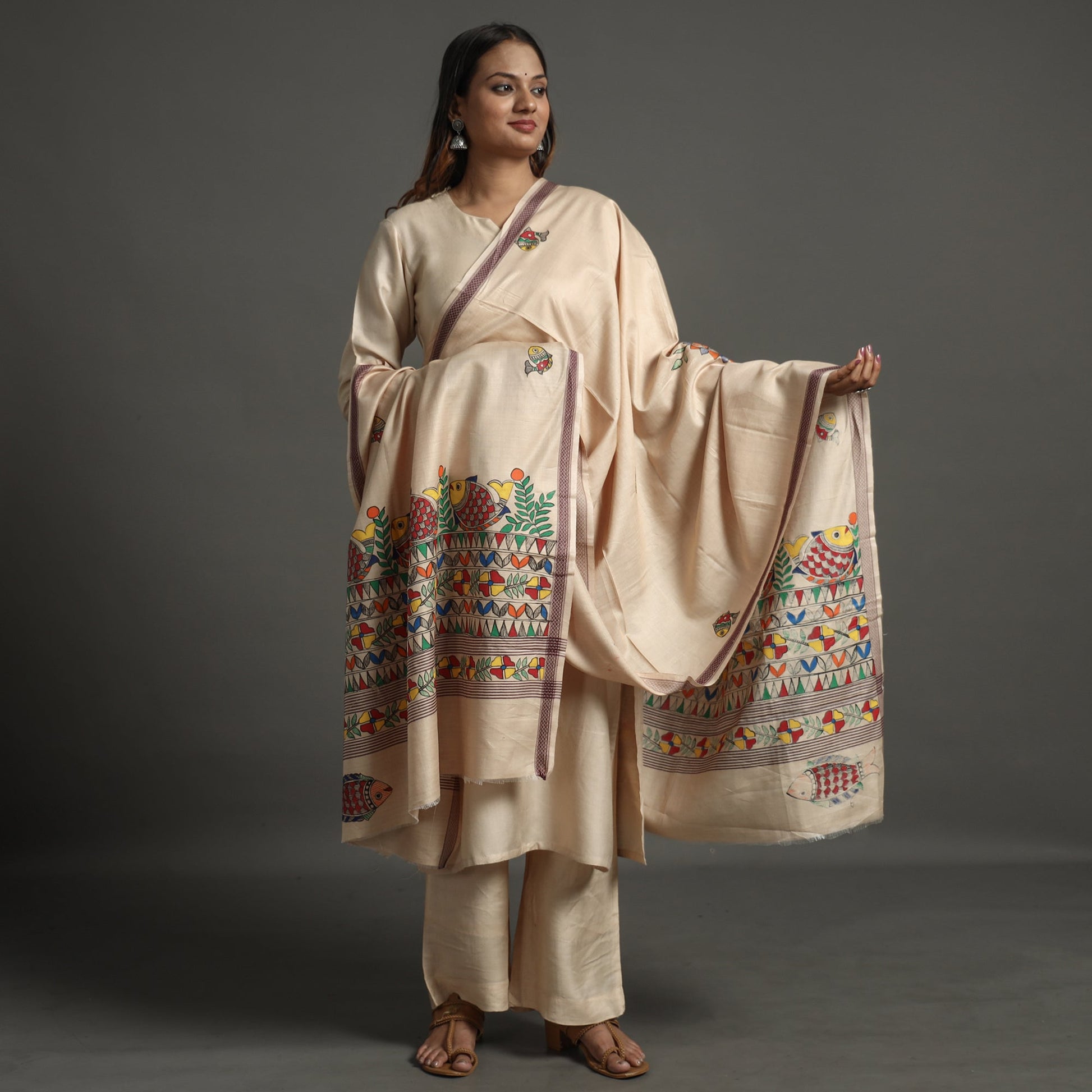 Beige - Madhubani Handpainted Tussar Cotton Handloom  Dupatta 05