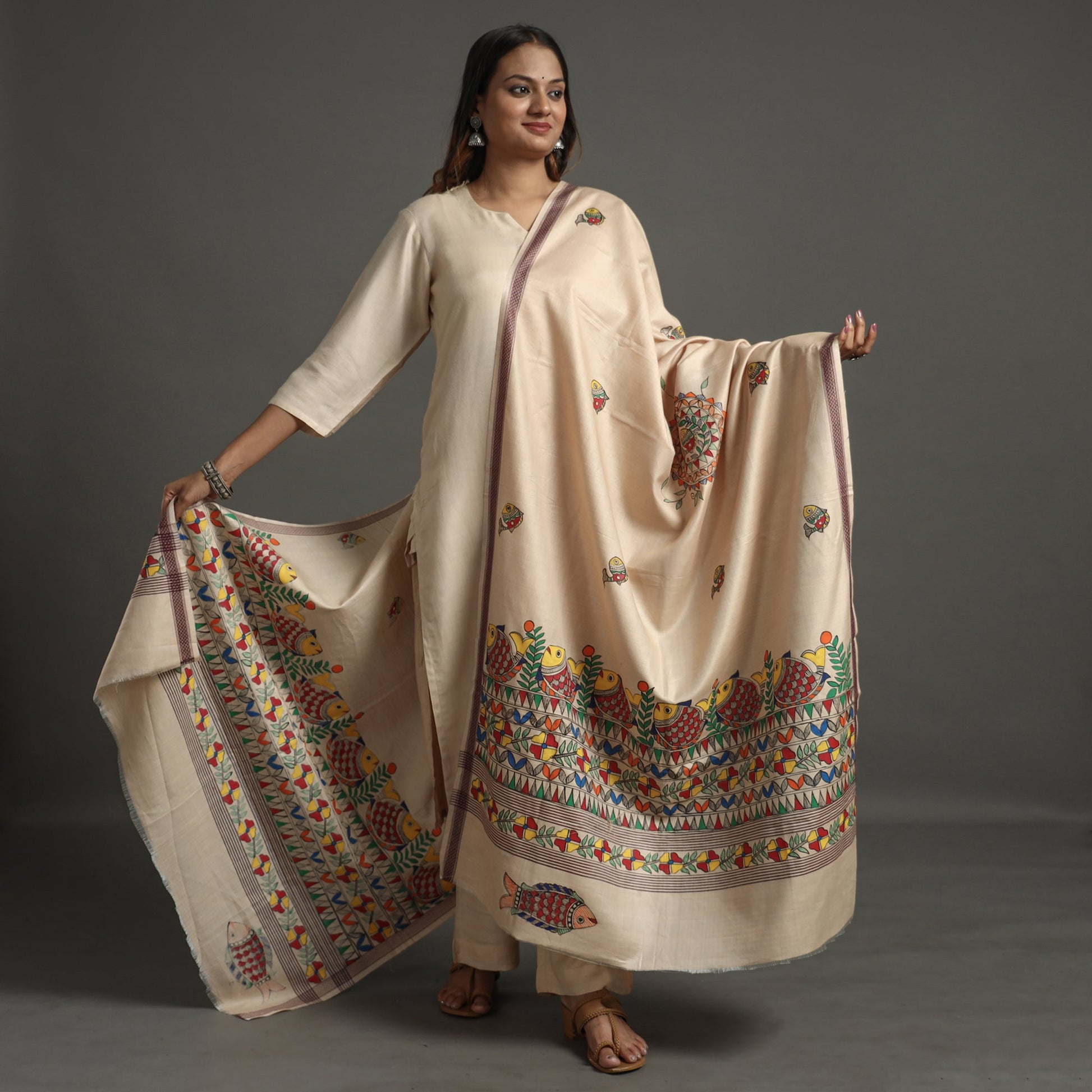 Beige - Madhubani Handpainted Tussar Cotton Handloom  Dupatta 05