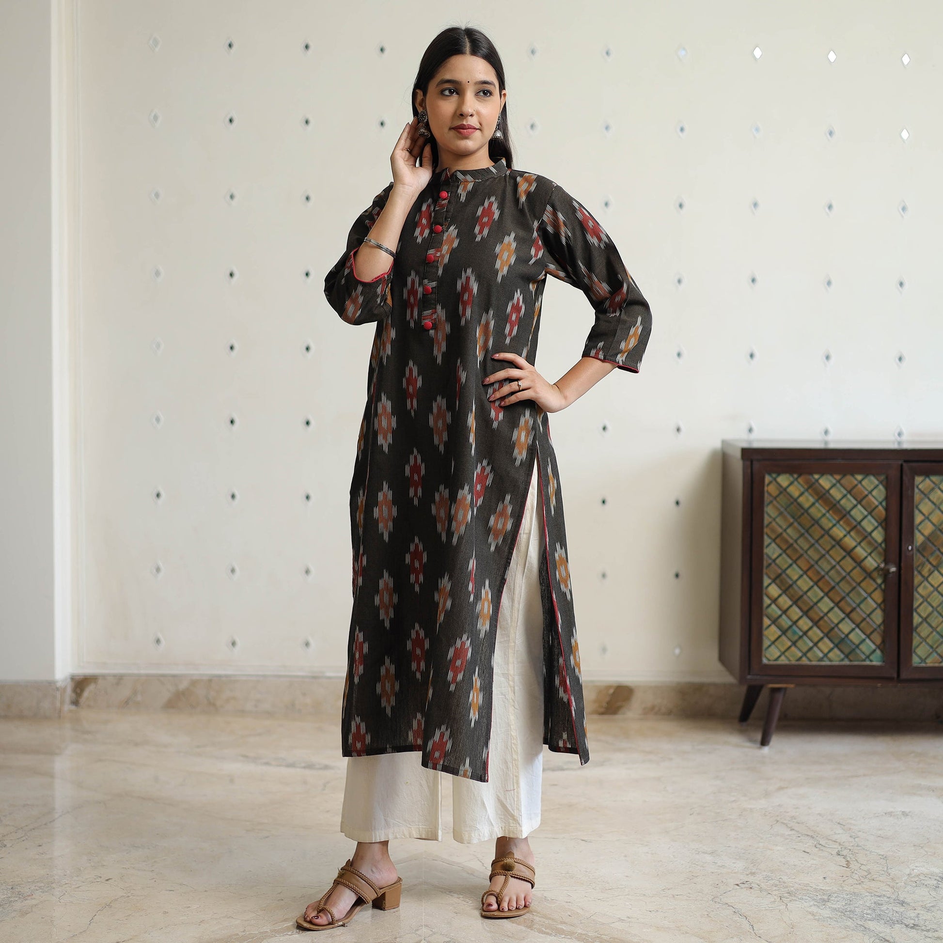 Black - Pochampally Ikat Weave Cotton Straight Kurta 24