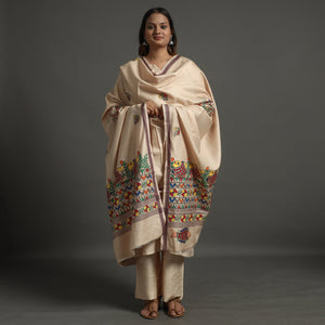 Beige - Madhubani Handpainted Tussar Cotton Handloom  Dupatta 05