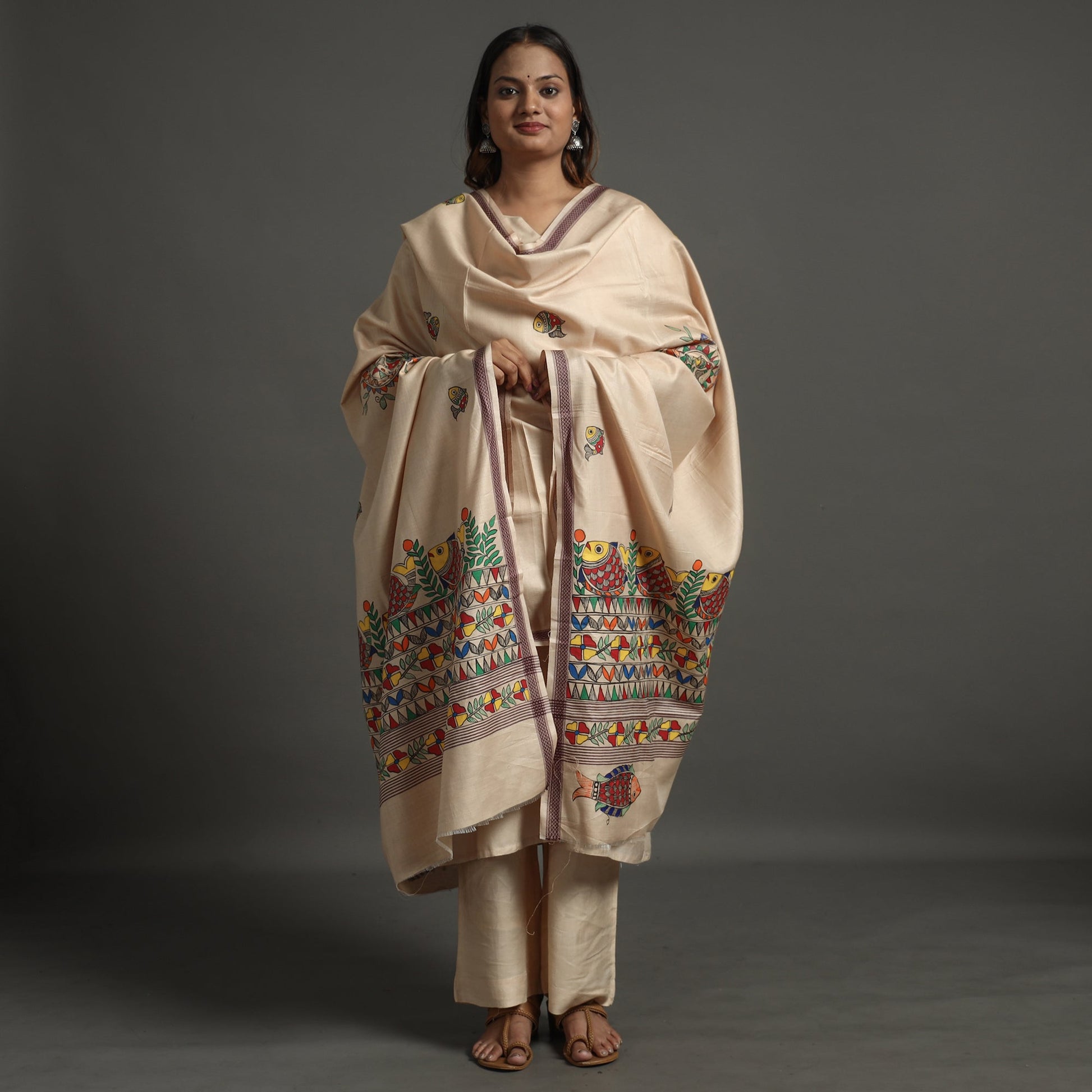 Beige - Madhubani Handpainted Tussar Cotton Handloom  Dupatta 05