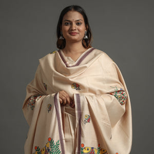 Beige - Madhubani Handpainted Tussar Cotton Handloom  Dupatta 05