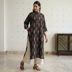 Black - Pochampally Ikat Weave Cotton Straight Kurta 24