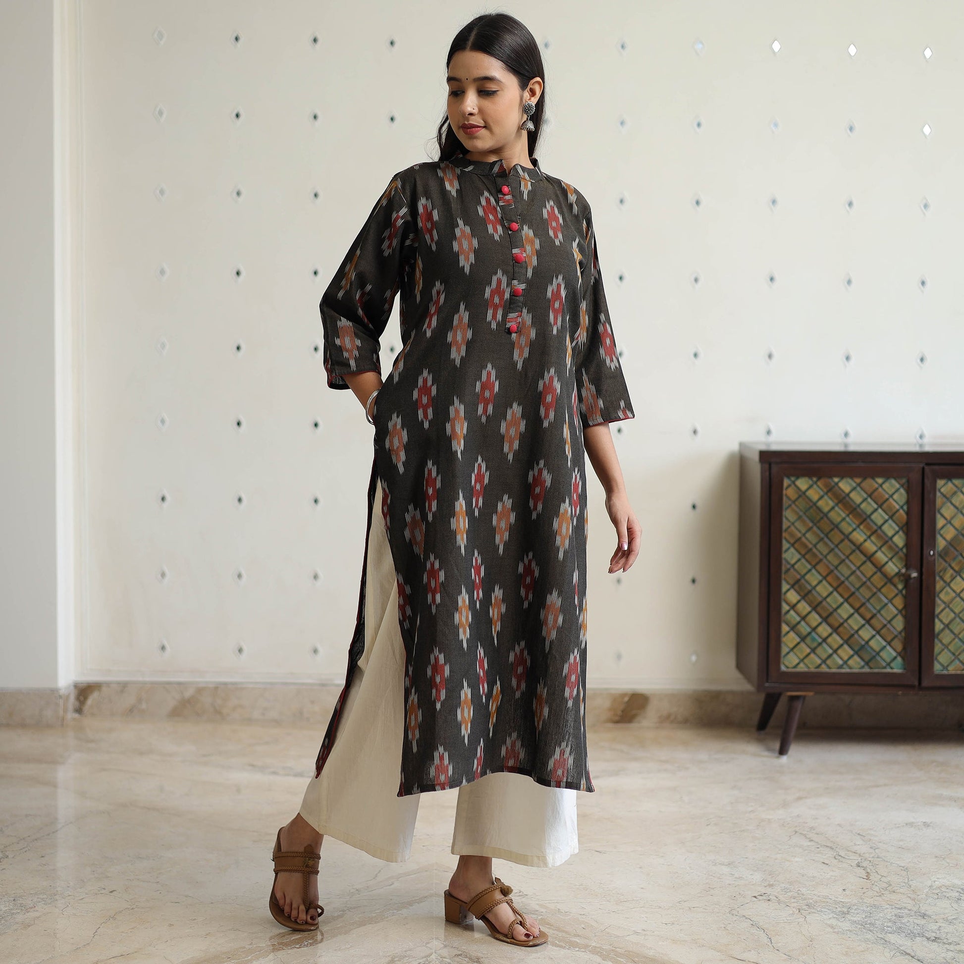 Black - Pochampally Ikat Weave Cotton Straight Kurta 24