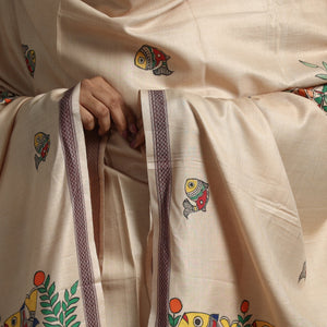 Beige - Madhubani Handpainted Tussar Cotton Handloom  Dupatta 05