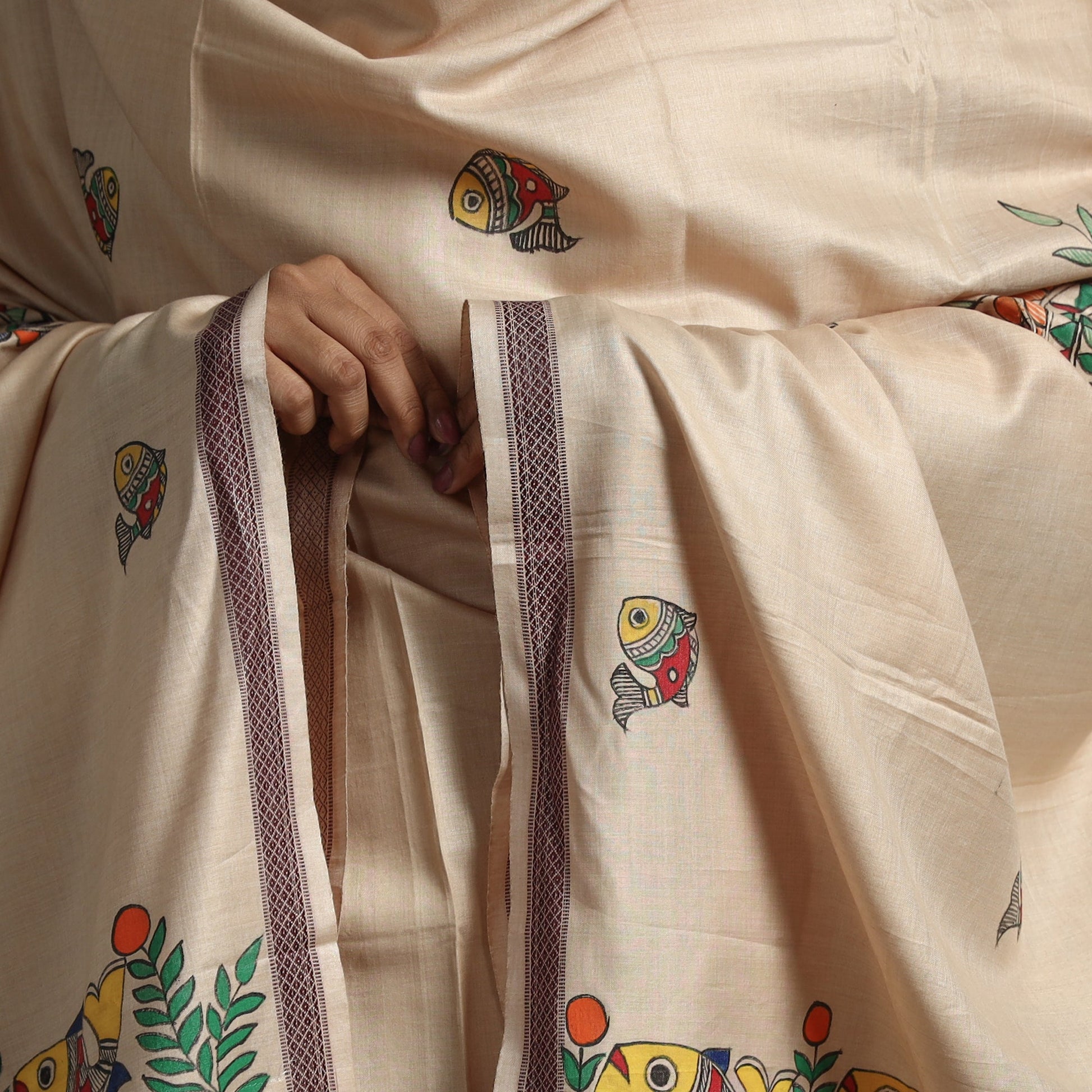 Beige - Madhubani Handpainted Tussar Cotton Handloom  Dupatta 05
