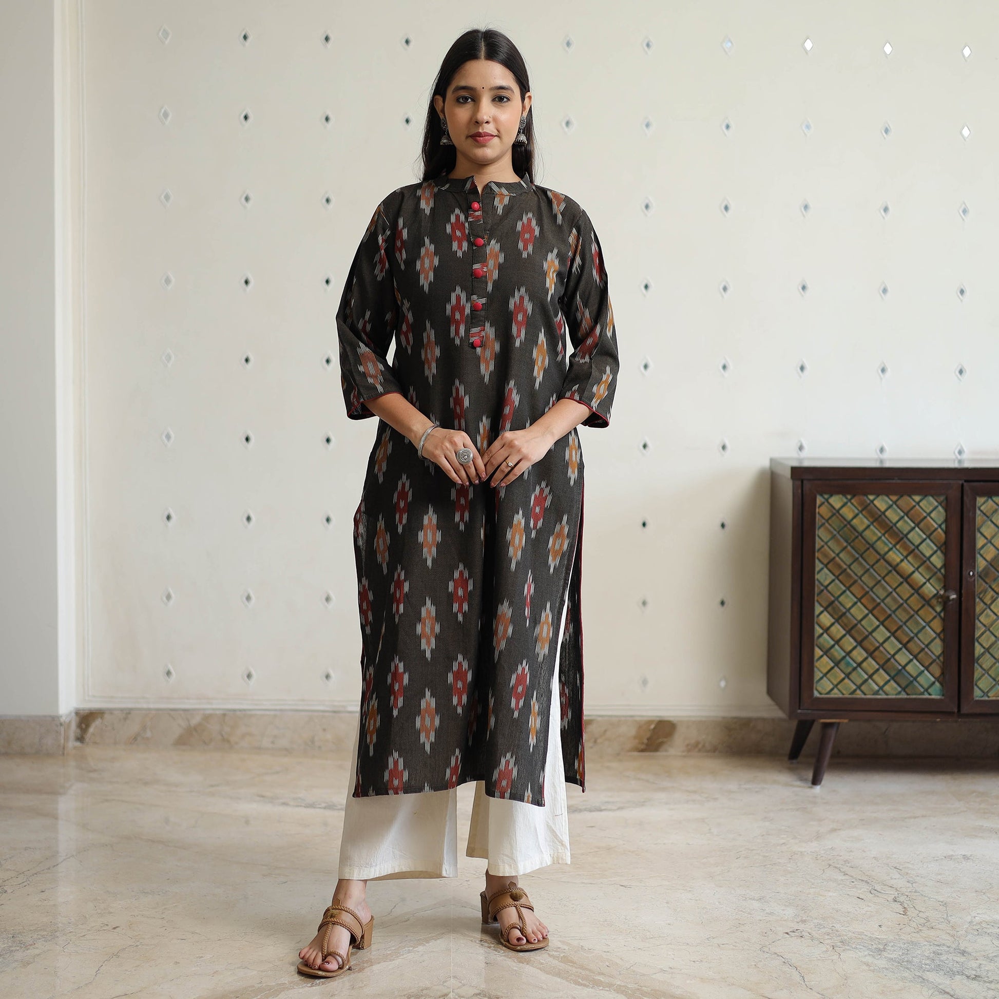 Black - Pochampally Ikat Weave Cotton Straight Kurta 24