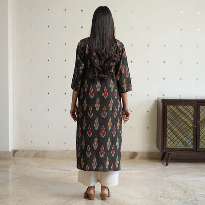 Black - Pochampally Ikat Weave Cotton Straight Kurta 24