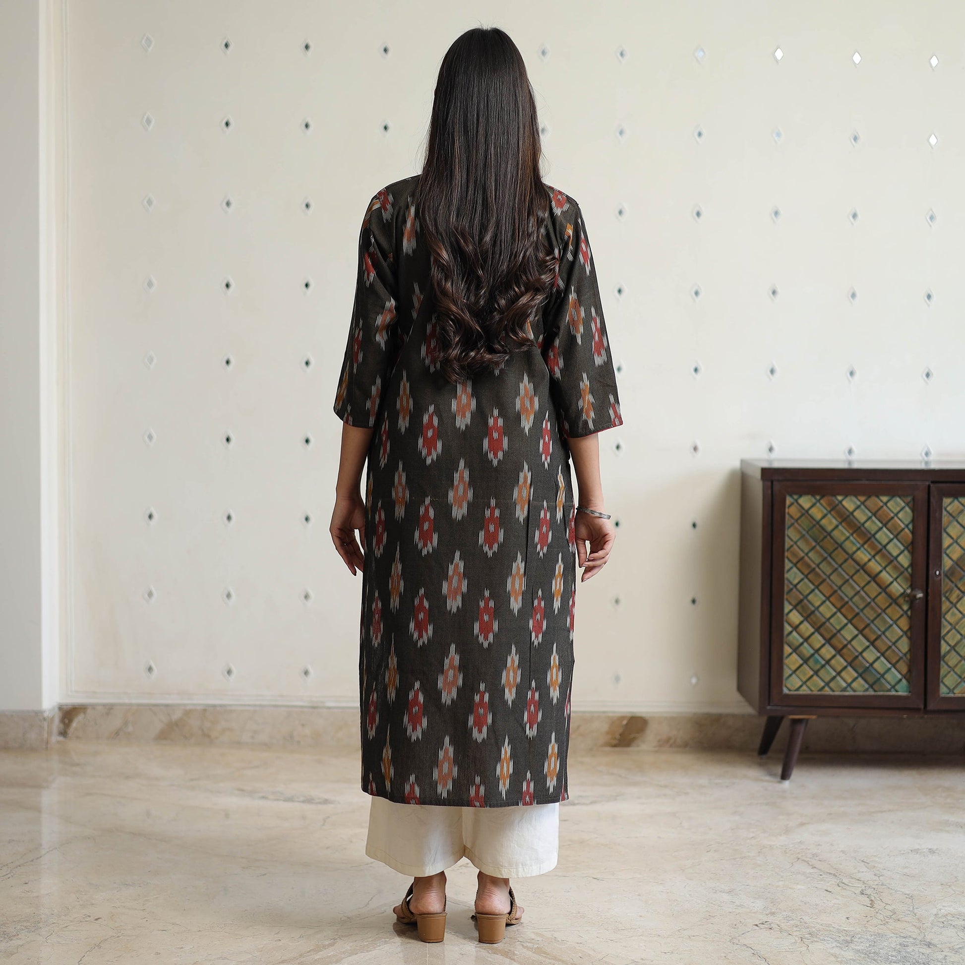 Black - Pochampally Ikat Weave Cotton Straight Kurta 24