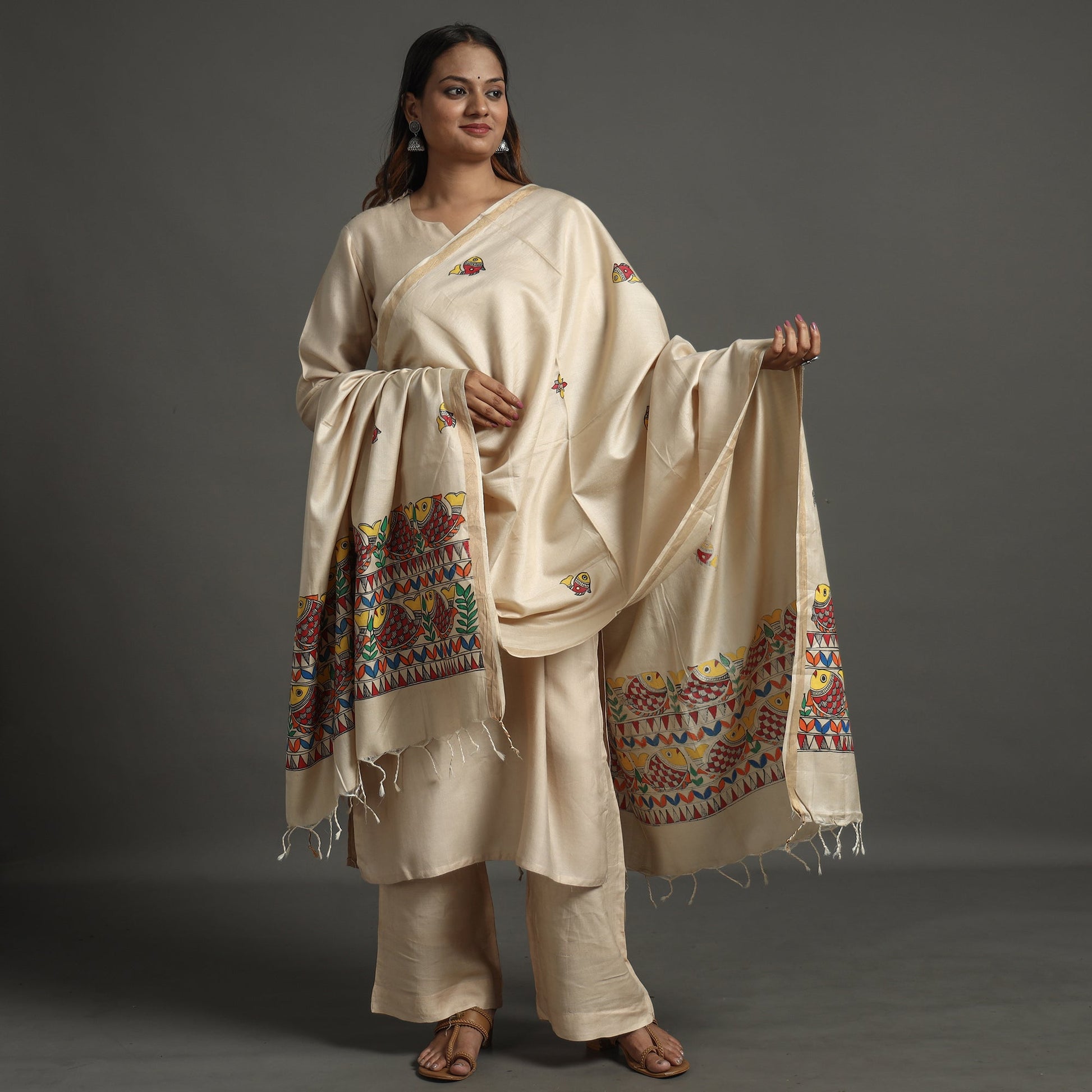 Beige - Handpainted Tussar Cotton Handloom Madhubani Dupatta 06