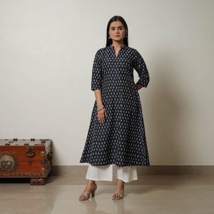 Black - Mercerised Cotton A-Line Pochampally Ikat Kurta 03