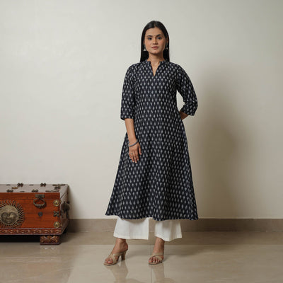 Black - Mercerised Cotton A-Line Pochampally Ikat Kurta 03