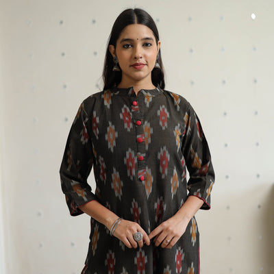 Black - Pochampally Ikat Weave Cotton Straight Kurta 24
