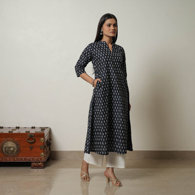 Black - Mercerised Cotton A-Line Pochampally Ikat Kurta 03