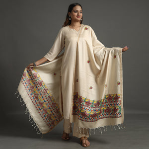 Beige - Handpainted Tussar Cotton Handloom Madhubani Dupatta 06