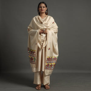 Beige - Handpainted Tussar Cotton Handloom Madhubani Dupatta 06