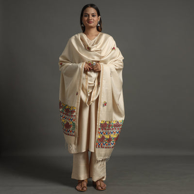 Beige - Handpainted Tussar Cotton Handloom Madhubani Dupatta 06