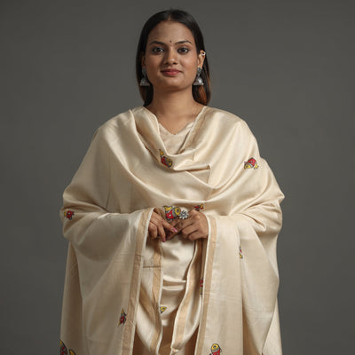 Beige - Handpainted Tussar Cotton Handloom Madhubani Dupatta 06