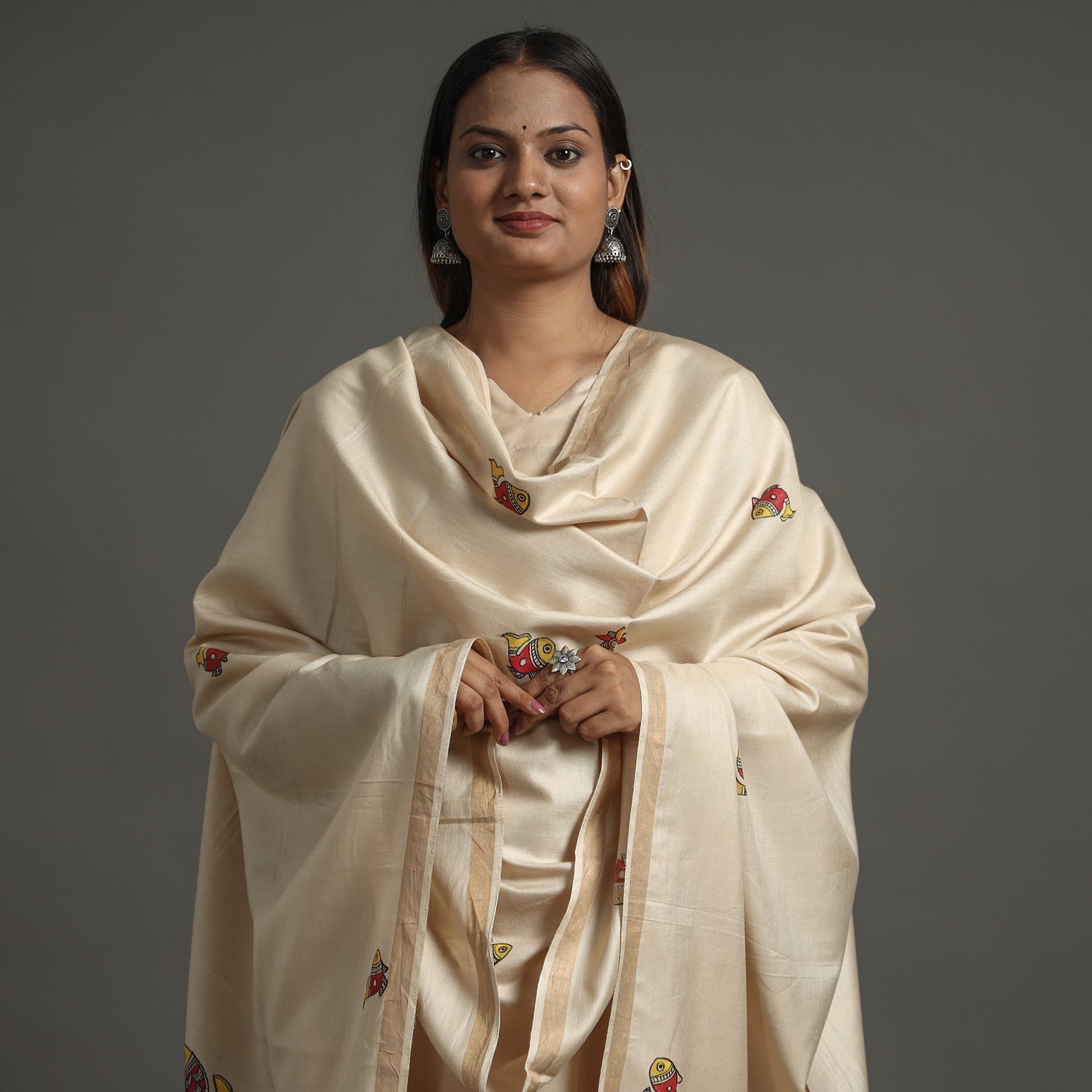 Beige - Handpainted Tussar Cotton Handloom Madhubani Dupatta 06
