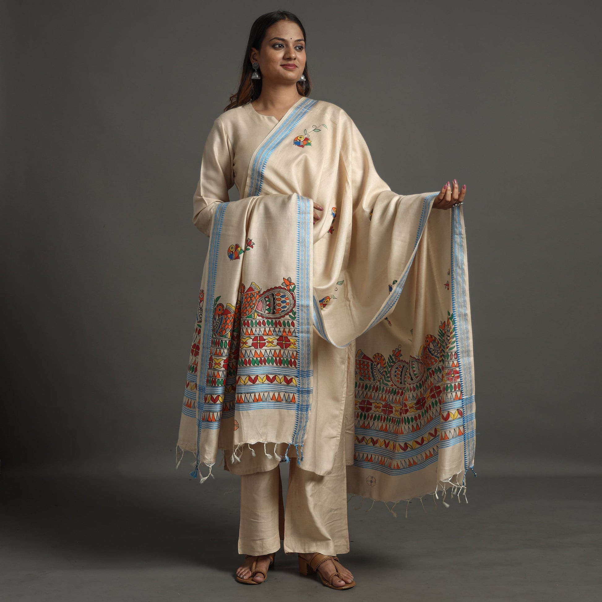 Beige - Madhubani Handpainted Tussar Cotton Handloom Dupatta 07