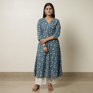 Blue - Akola Hand Block Printed Cotton A-Line Kurta 07