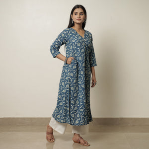 Blue - Akola Hand Block Printed Cotton A-Line Kurta 07
