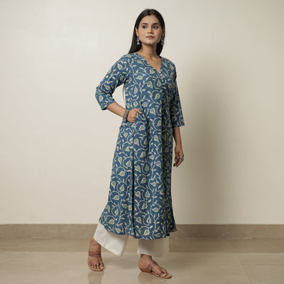 Blue - Akola Hand Block Printed Cotton A-Line Kurta 07
