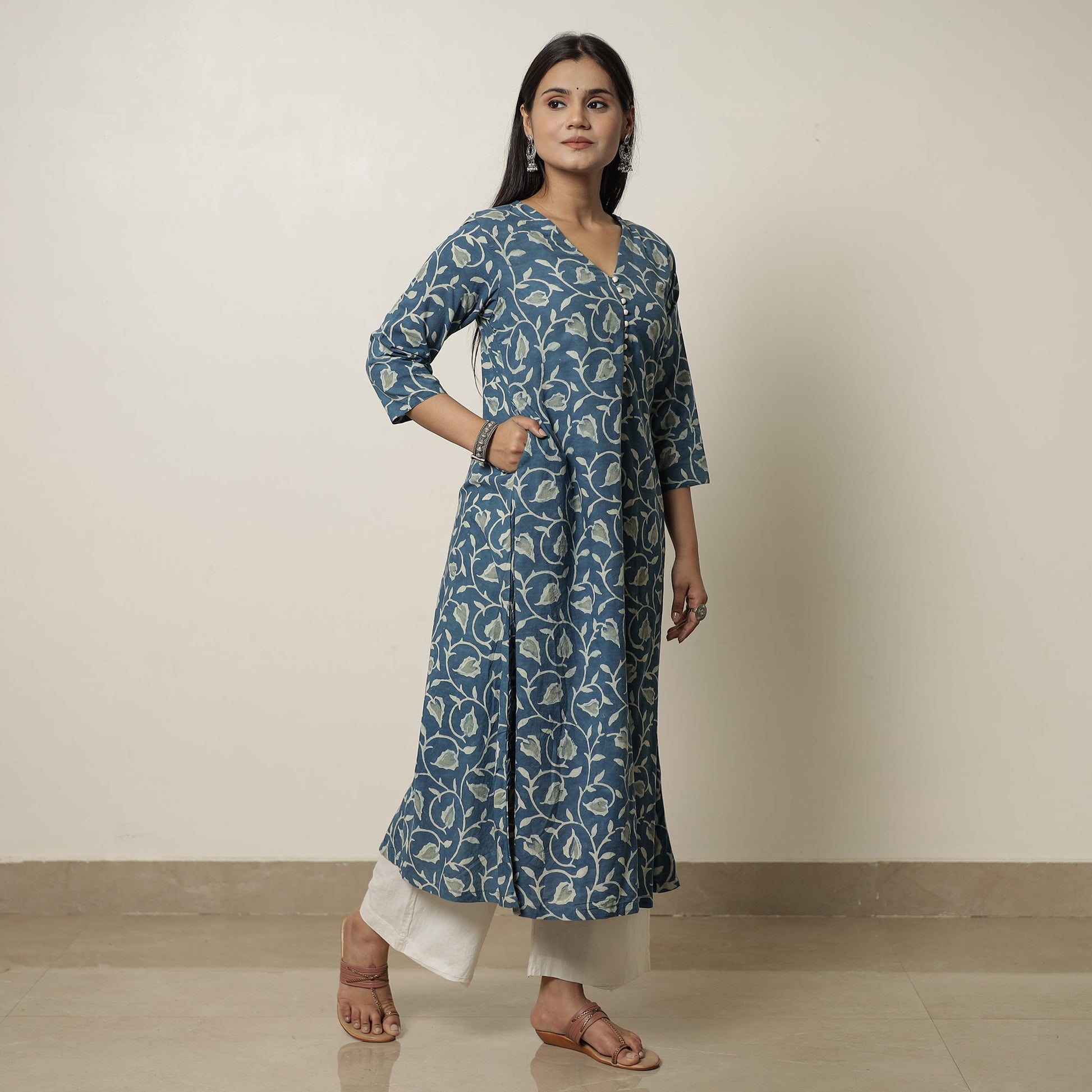 Blue - Akola Hand Block Printed Cotton A-Line Kurta 07