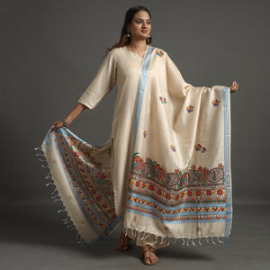 Beige - Madhubani Handpainted Tussar Cotton Handloom Dupatta 07