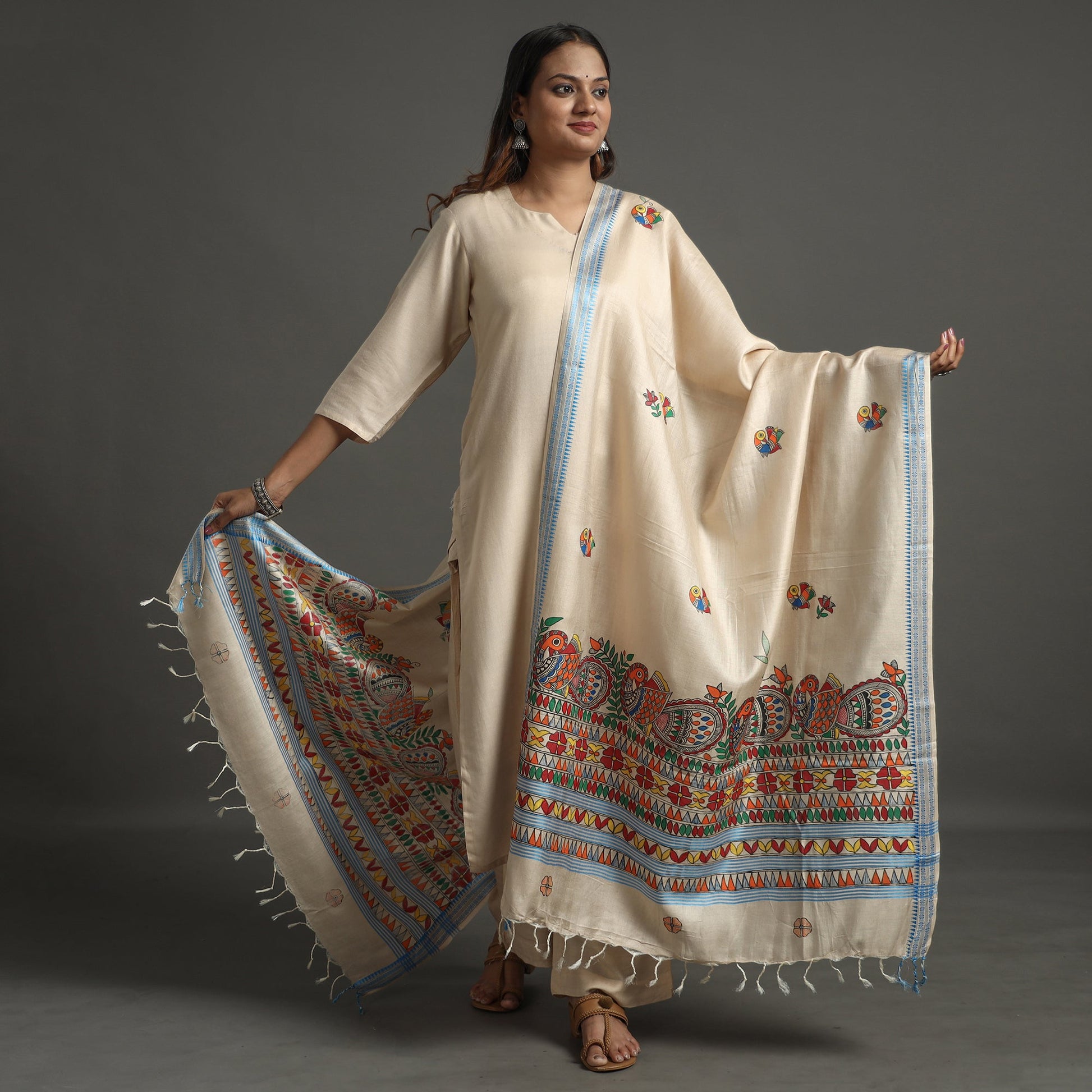 Beige - Madhubani Handpainted Tussar Cotton Handloom Dupatta 07