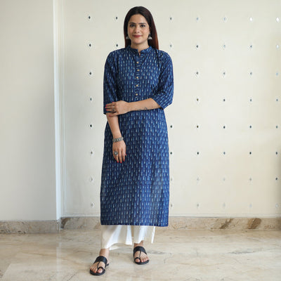 Blue - Akola Block Printed Cotton Long Straight Kurta