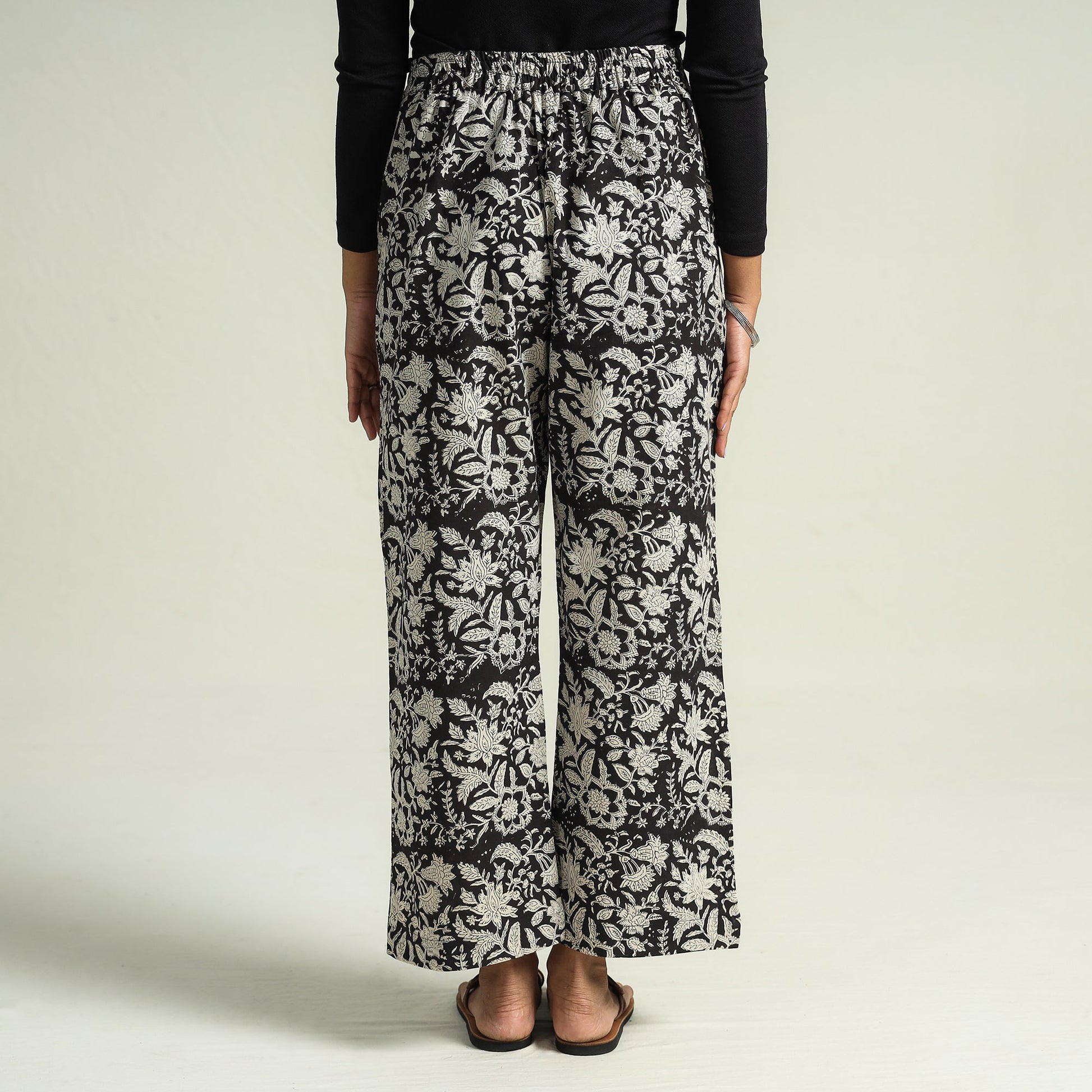 Black - Bagru Block Printed Cotton Elasticated Palazzo