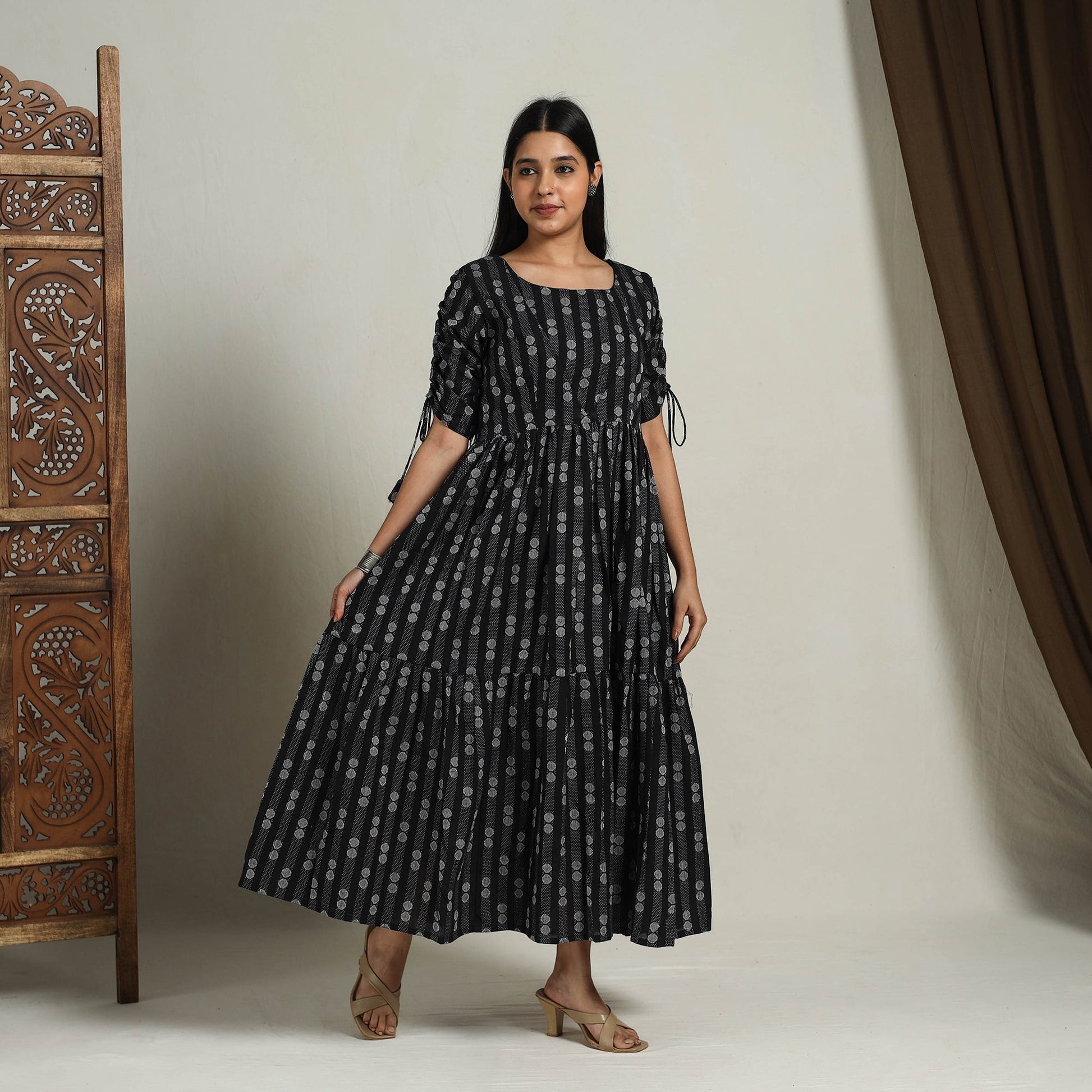 Black - Tiered Fit & Flare Cotton Jacquard Dress 04
