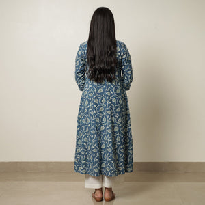 Blue - Akola Hand Block Printed Cotton A-Line Kurta 07
