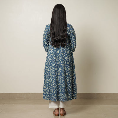 Blue - Akola Hand Block Printed Cotton A-Line Kurta 07