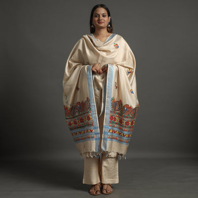 Beige - Madhubani Handpainted Tussar Cotton Handloom Dupatta 07
