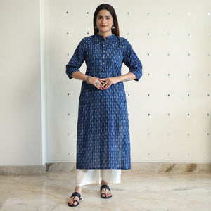 Blue - Akola Block Printed Cotton Long Straight Kurta