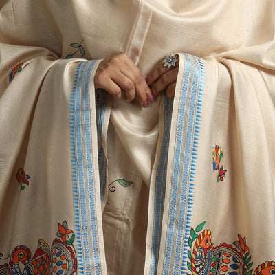Beige - Madhubani Handpainted Tussar Cotton Handloom Dupatta 07