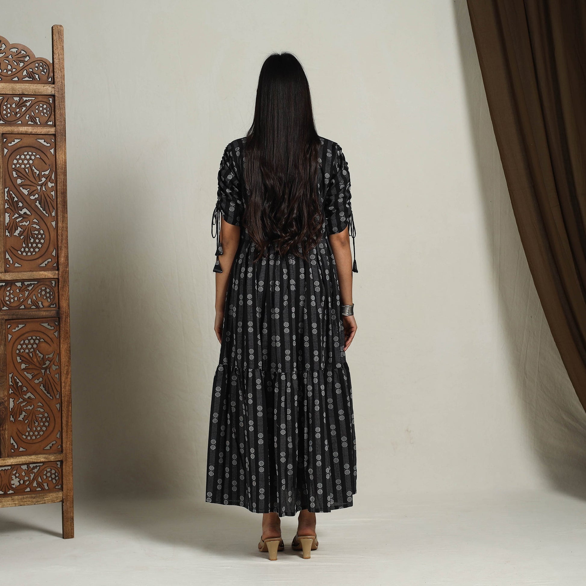 Black - Tiered Fit & Flare Cotton Jacquard Dress 04