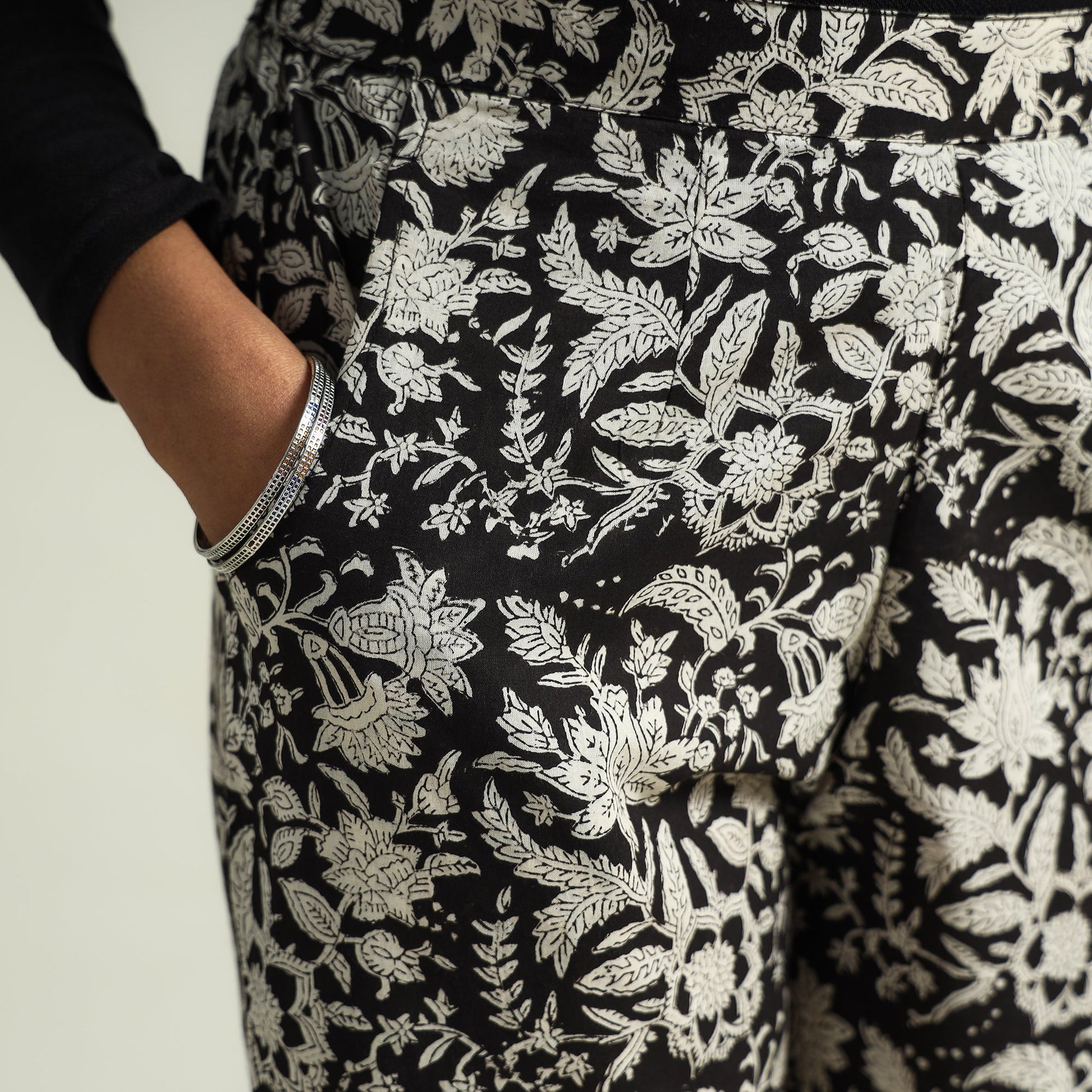 Black - Bagru Block Printed Cotton Elasticated Palazzo