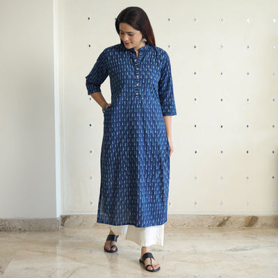Blue - Akola Block Printed Cotton Long Straight Kurta