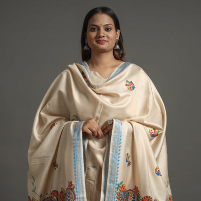 Beige - Madhubani Handpainted Tussar Cotton Handloom Dupatta 07