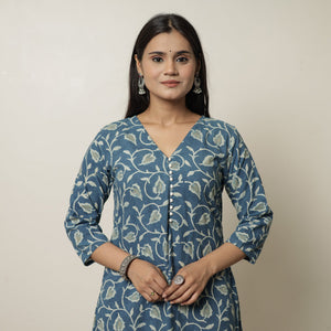 Blue - Akola Hand Block Printed Cotton A-Line Kurta 07