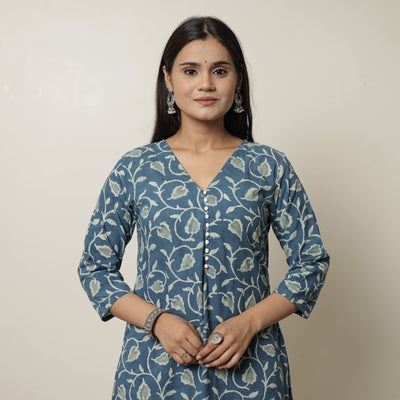 Blue - Akola Hand Block Printed Cotton A-Line Kurta 07