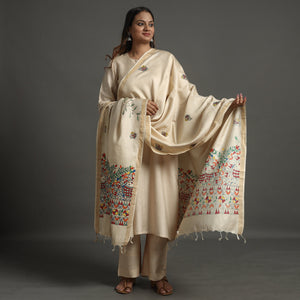Beige - Handpainted Tussar Cotton Handloom Madhubani Dupatta 08