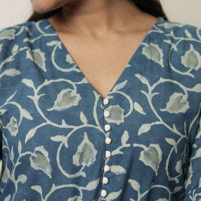 Blue - Akola Hand Block Printed Cotton A-Line Kurta 07