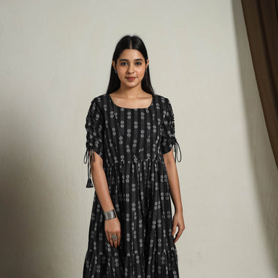 Black - Tiered Fit & Flare Cotton Jacquard Dress 04