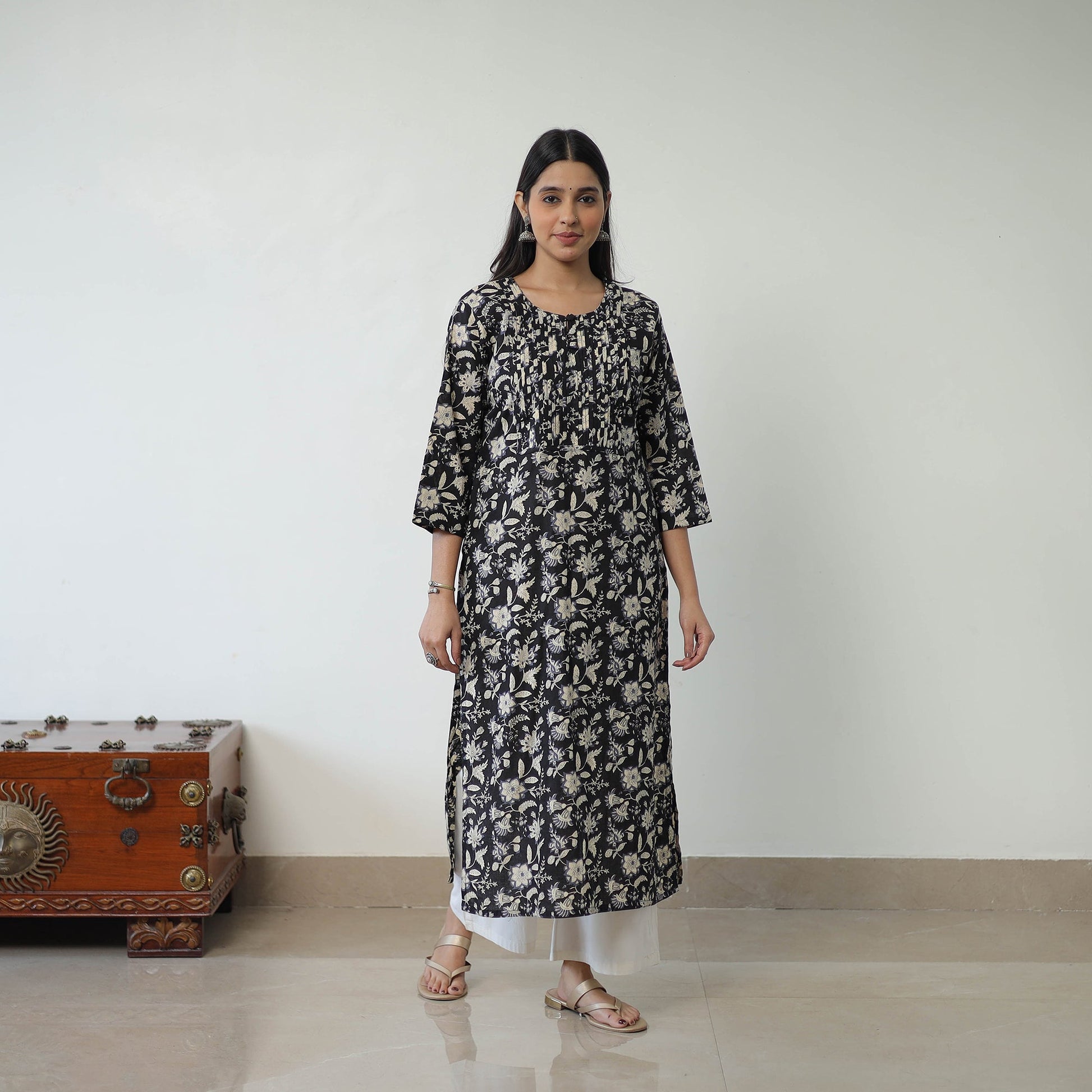 Black - Jaipur Printed Cotton Pintuck Long Straight Kurta