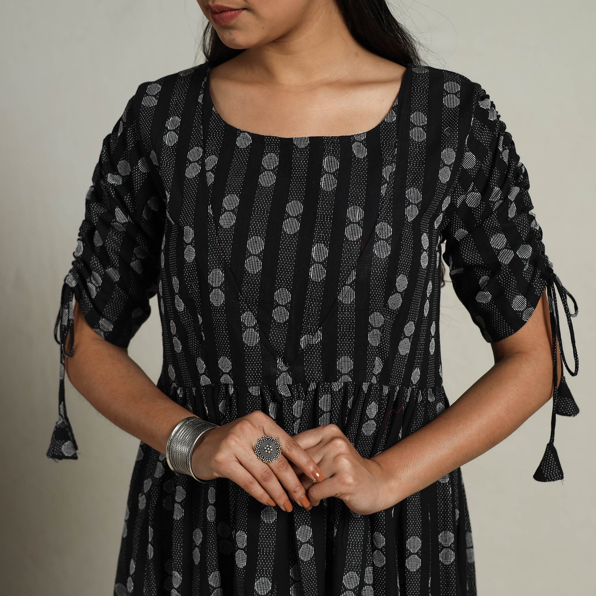 Black - Tiered Fit & Flare Cotton Jacquard Dress 04