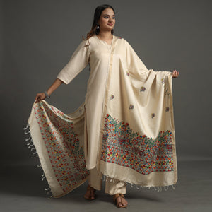 Beige - Handpainted Tussar Cotton Handloom Madhubani Dupatta 08